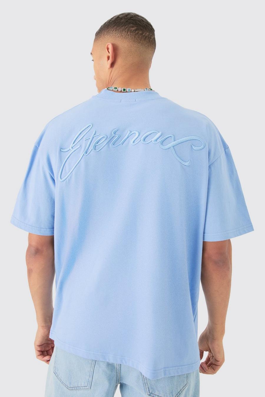 T-shirt oversize pesante con slogan e girocollo esteso, Pastel blue