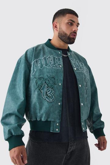 Plus Boxy Tonal Badge Tumbled PU Varsity Jacket In Blue blue