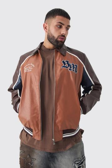 Brown Plus BM Badge Collared PU Varsity Jacket In Brown