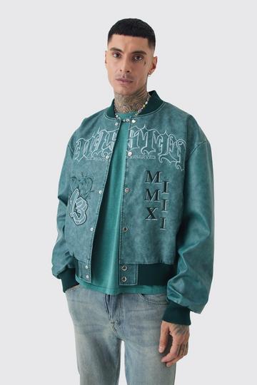 Tall Boxy Tonal Badge Tumbled PU Varsity Jacket In Blue blue