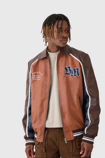 Brown Tall BM Badge Collared PU Varsity Jacket In Brown