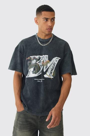 Oversized Washed Graphic Bm Heavyweight Waffle T-shirt charcoal