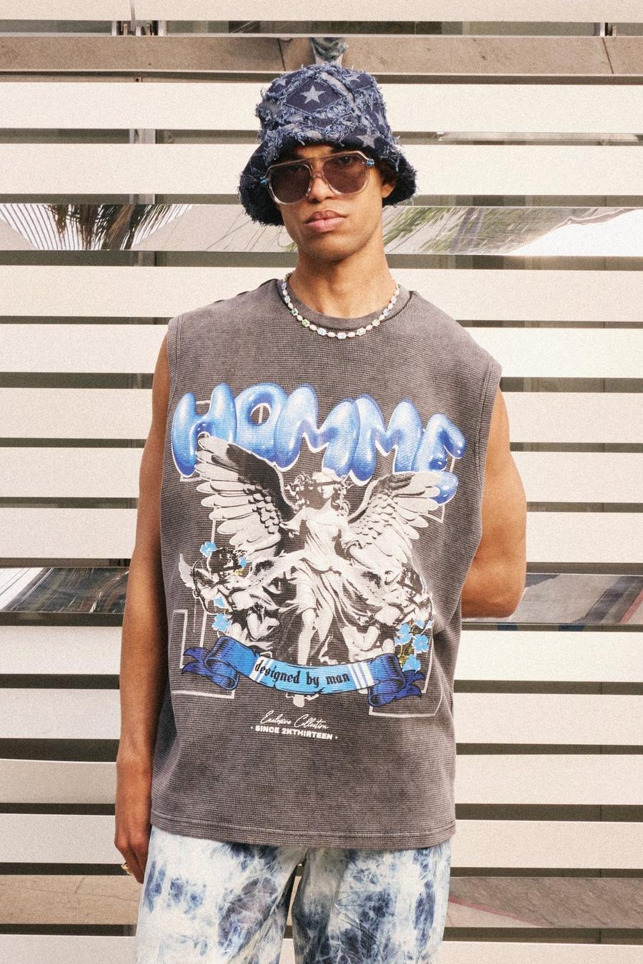 Charcoal Oversized Washed Heavyweight Waffle Homme Graphic Tank image number 1