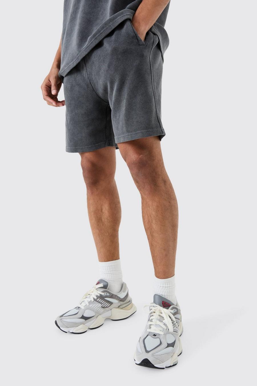 Charcoal Relaxed Washed Heavyweight Waffle Shorts image number 1