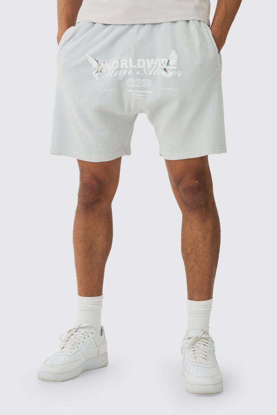 Light grey Relaxed Washed Heavyweight Graphic Waffle Shorts image number 1