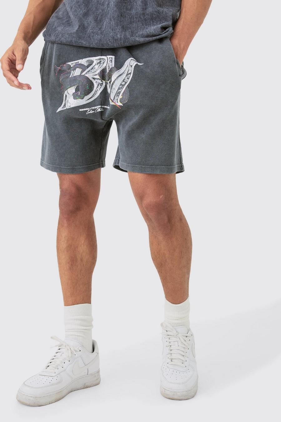 Charcoal Relaxed Washed Heavyweight Graphic Volley Waffle Shorts image number 1