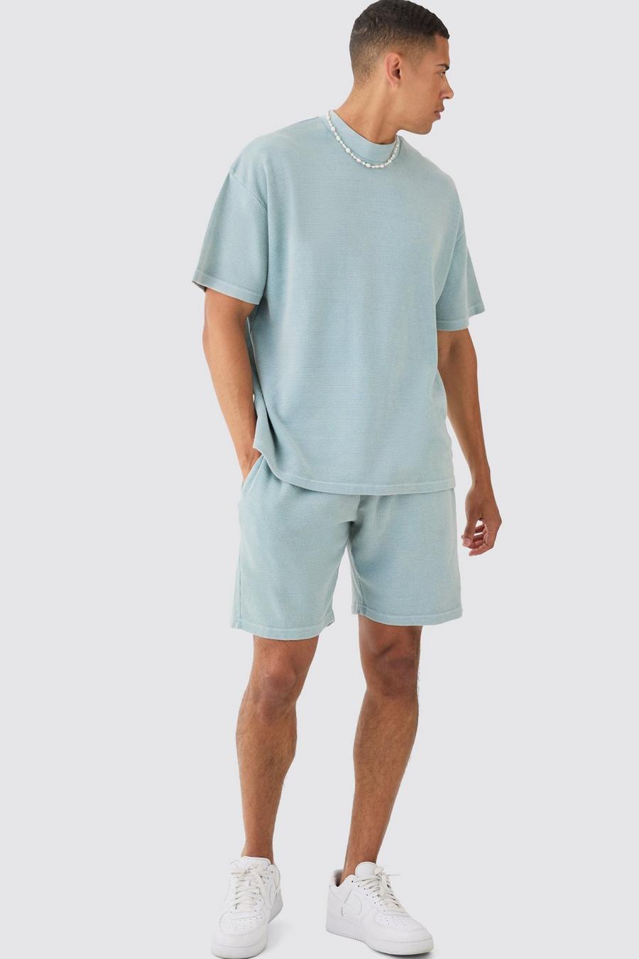 Dusty blue Oversized Washed Heavyweight Waffle T-shirt & Shorts Set image number 1