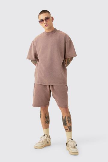 Oversized Washed Heavyweight Waffle T-shirt & Shorts Set coffee