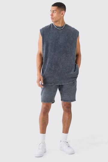 Oversized Washed Heavyweight Waffle Tank & Short Set charcoal