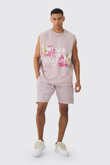 Pink Oversized Washed Heavyweight Waffle Graphic Tank & Short Set