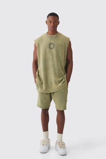 Oversized Washed Heavyweight Waffle Graphic Tank & Short Set olive