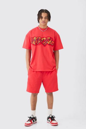 Red Oversized Super Heavy Embroidered Graphic T-Shirt & Short Set