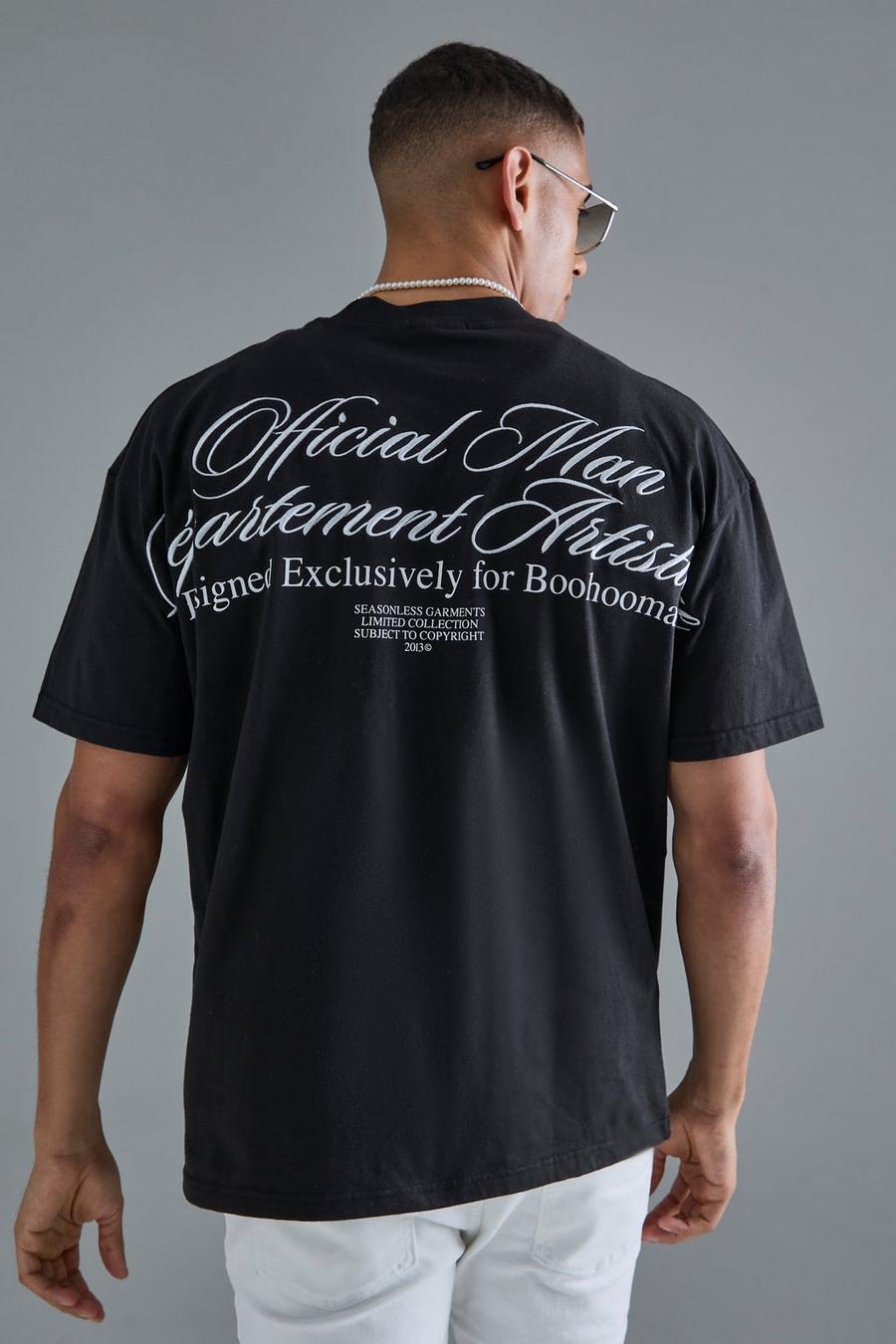 Black Oversized Dik Geborduurd T-Shirt Met Brede Nek En Tekst image number 1