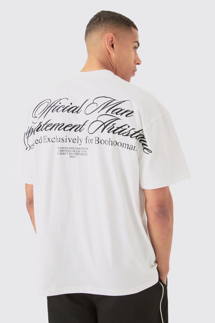 T-shirt oversize pesante con ricamo di slogan e girocollo esteso, White
