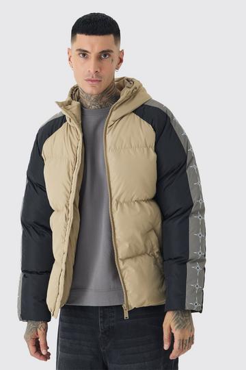 Tall Worldwide Hooded Colour Block Puffer Jacket In Stone stone