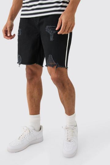 Relaxed Rigid Side Tape Ripped Denim Short In True Black true black