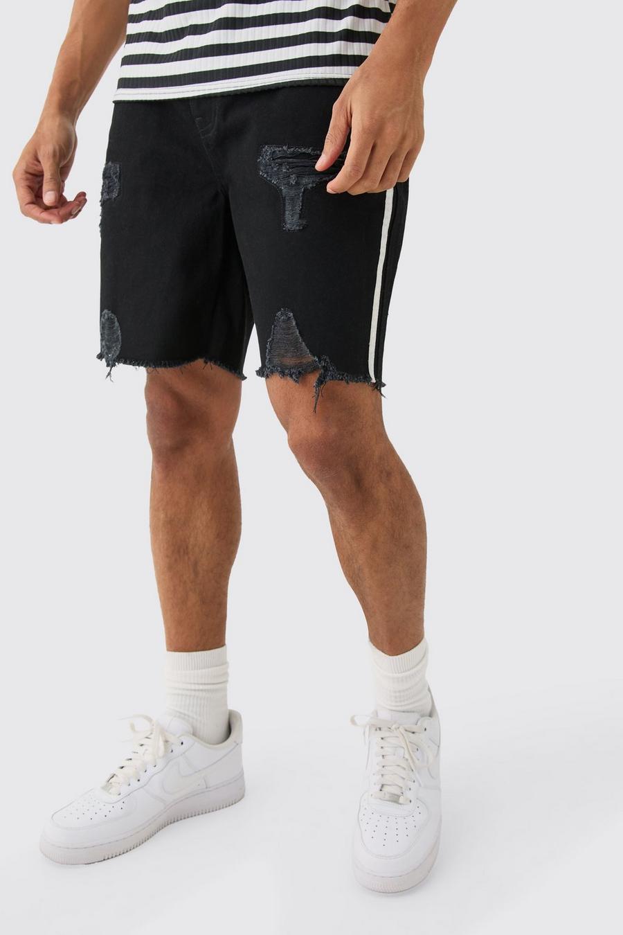 Relaxed Rigid Side Tape Ripped Denim Short In True Black image number 1