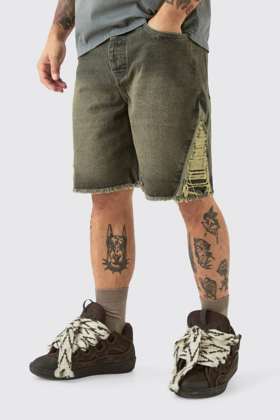 Antique wash Relaxed Rigid Extreme Side Ripped Denim Short In Antique Grey