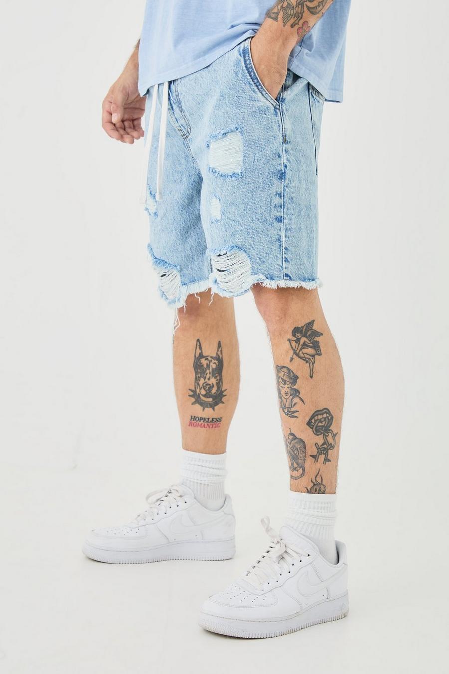 Relaxed Rigid Elasticated Waist Ripped Denim Short In Light Blue image number 1