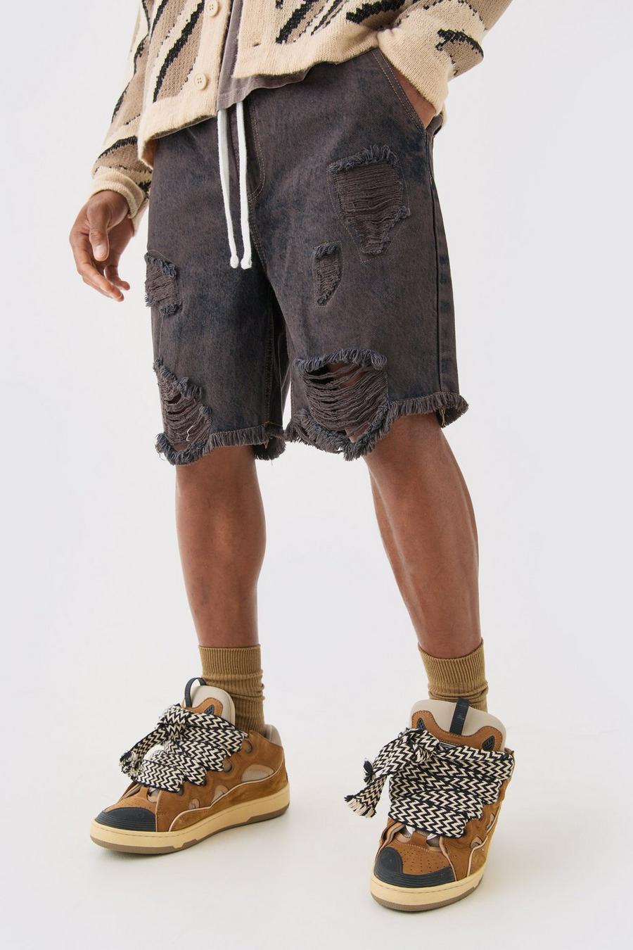 Relaxed Rigid Elasticated Waist Ripped Denim Short In Brown image number 1