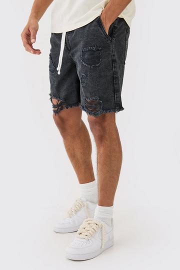 Relaxed Rigid Elasticated Waist Ripped Denim Short In Washed Black washed black