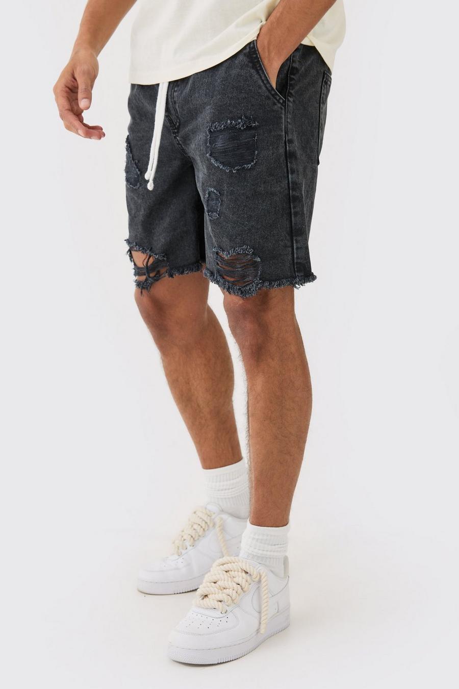 Relaxed Rigid Elasticated Waist Ripped Denim Short In Washed Black