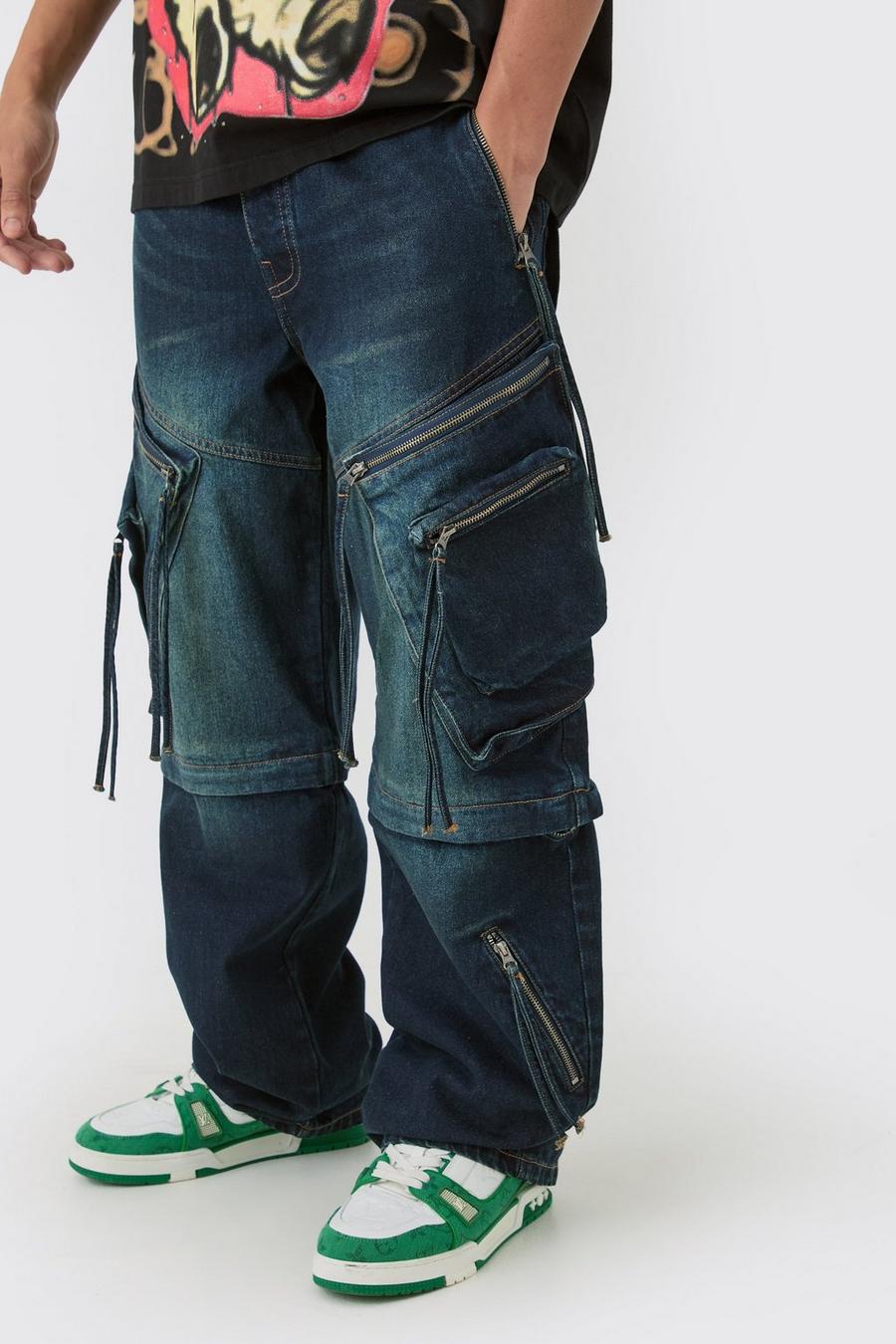 Baggy Rigid Zip Off Leg Cargo Pocket Strap Denim Jean In Indigo image number 1