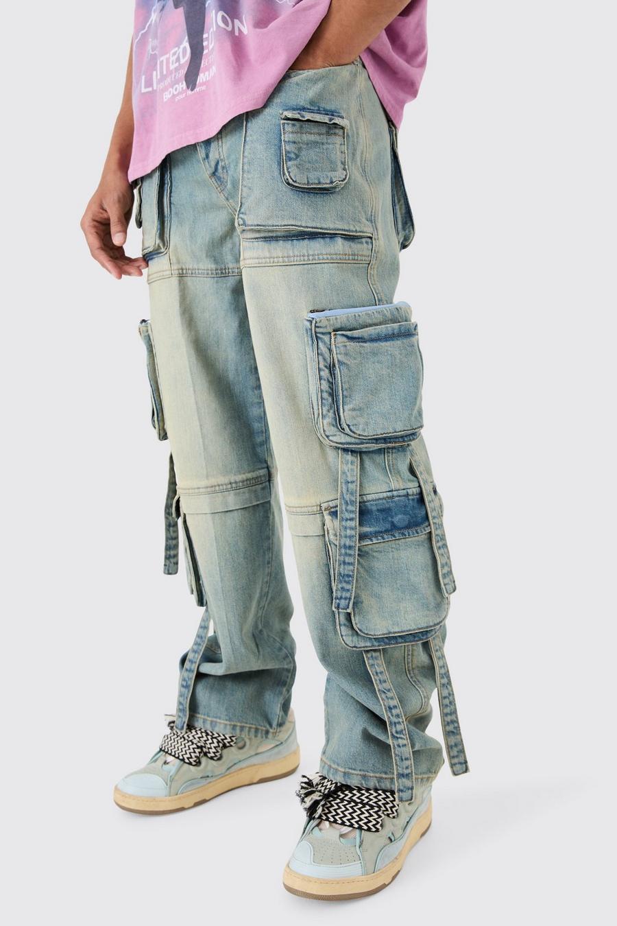 Baggy Rigid Mulit Pocket Cargo Strap Denim Jean In Light Blue