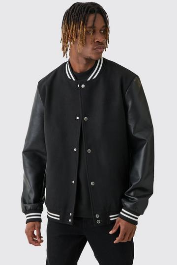 Tall Melton & PU Sleeve Varsity Jacket In Black black