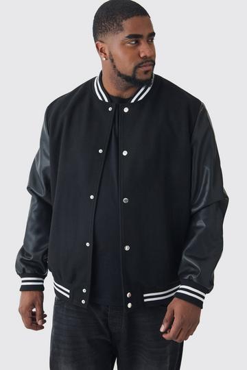 Black Plus Melton And PU Sleeve Varsity Jacket In Black