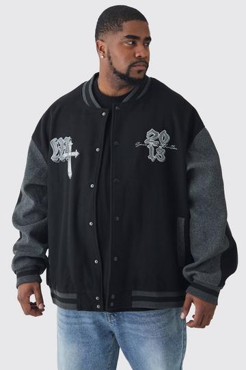 Black Plus Oversized Official Color Block Varsity Jacket In Black