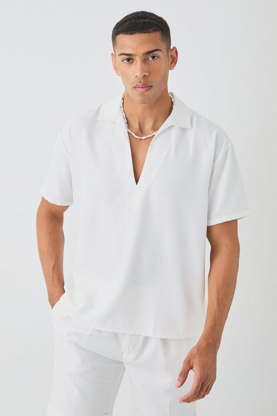 Oversized V Neck Dropped Shoulder Shirt In White image number 1