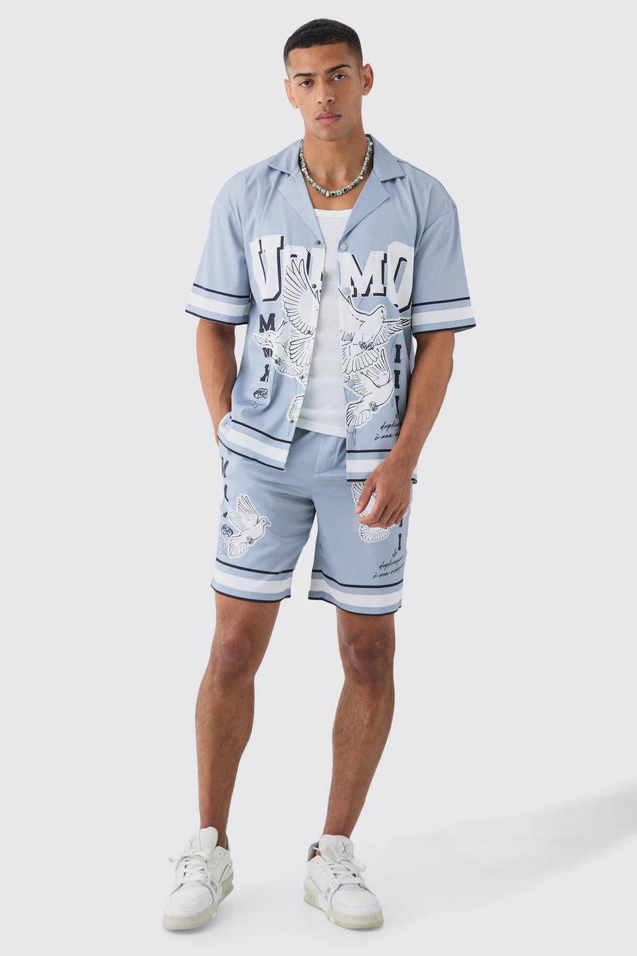 Drop Revere Satin Bird Graphic Shirt And Short Set In Grey image number 1