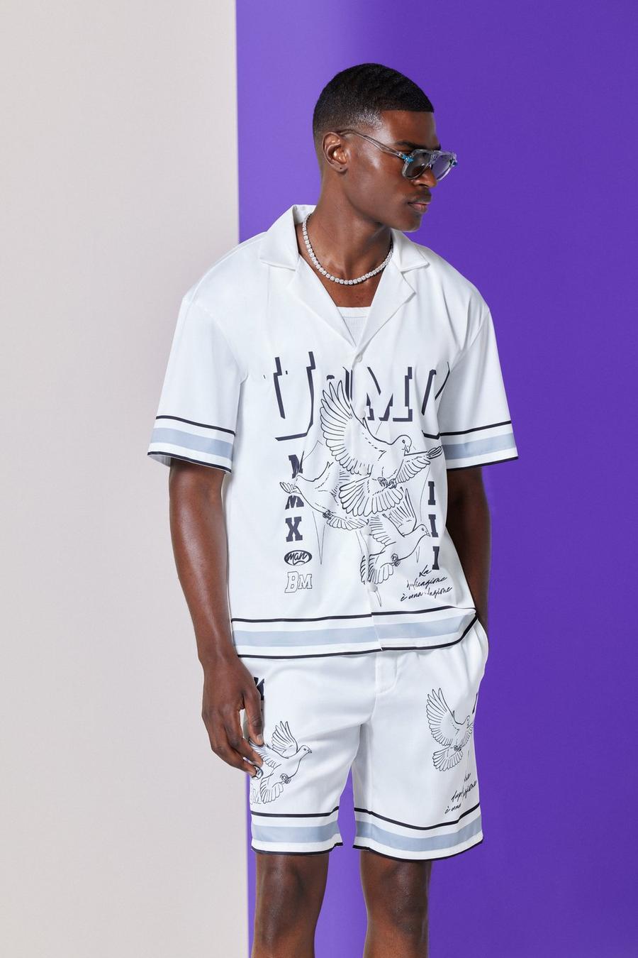 Drop Revere Satin Bird Graphic Shirt And Short Set In White image number 1