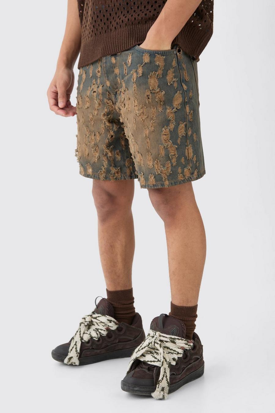 Pantalones cortos vaqueros holgados sin tratar rotos con lavado envejecido, Mid blue image number 1