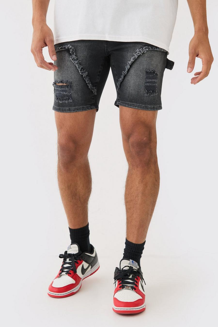 Pantaloncini in denim Skinny Fit Stretch stile Carpenter strappati in nero slavato, Washed black image number 1
