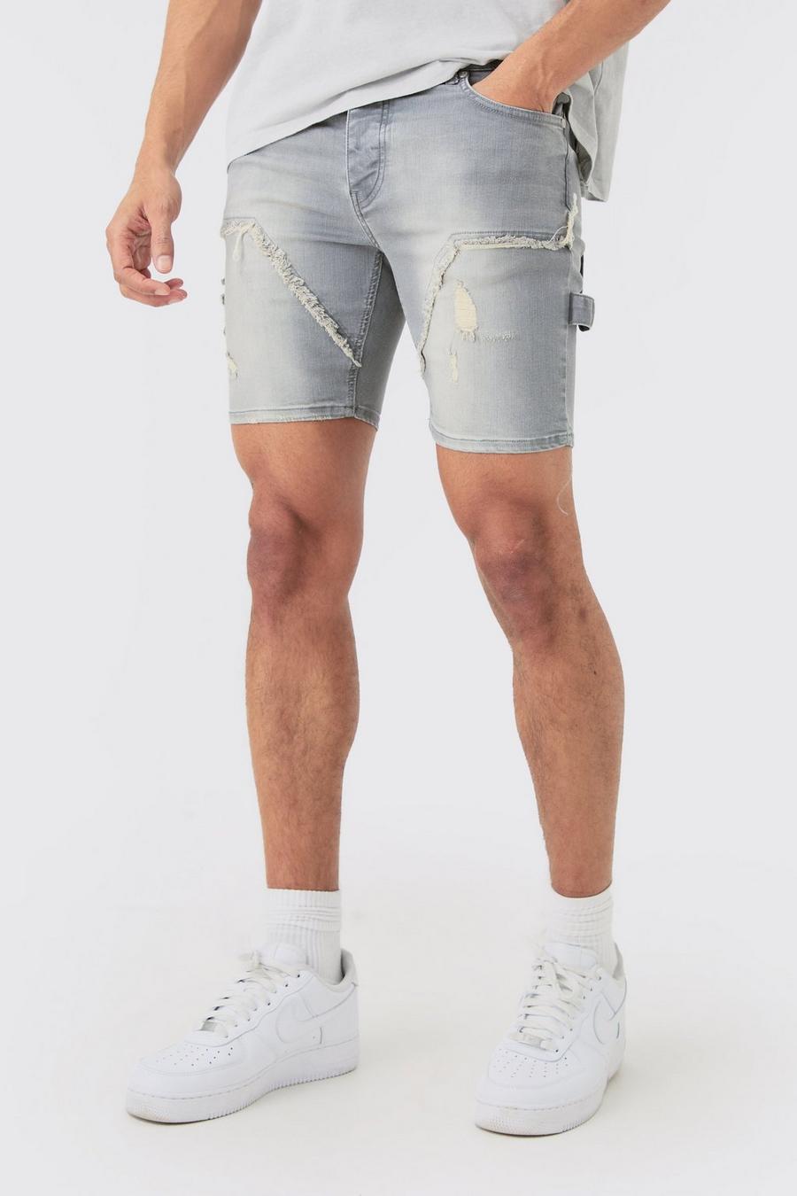 Pantaloncini in denim Skinny Fit Stretch stile Carpenter con strappi in grigio antico, Grey