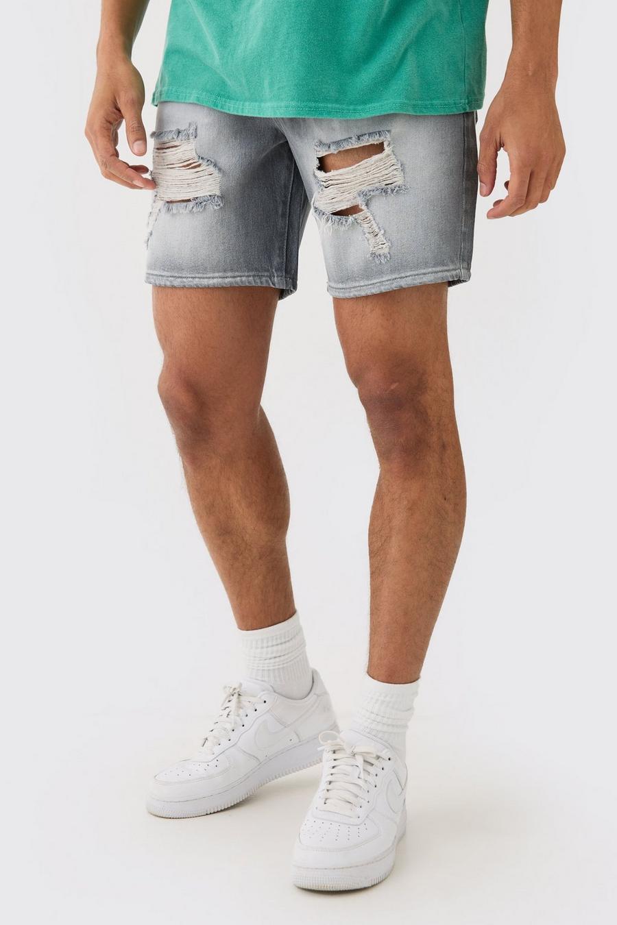 Grey Relaxed Rigid Ripped Tinted Denim Shorts image number 1