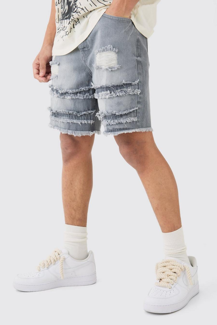Relaxed Rigid Distressed Denim Shorts In Grey image number 1