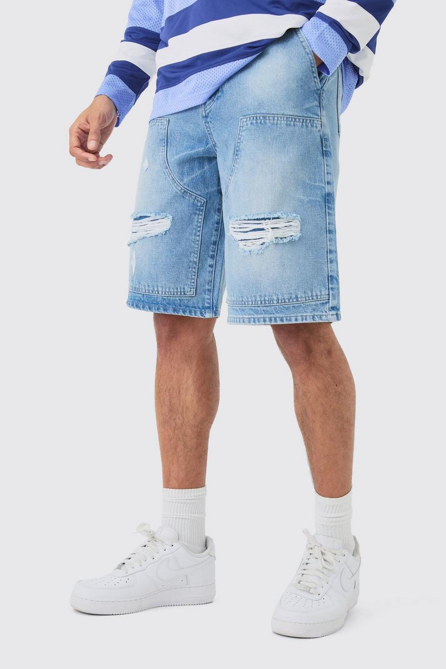 Pantaloni tuta rilassati in denim rigido stile Carpenter con strappi e pieghe sul fondo, Light blue image number 1