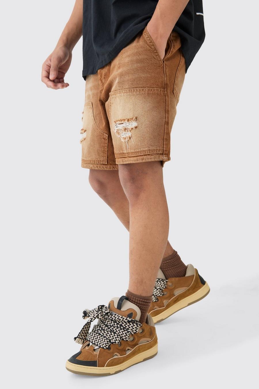 Relaxed Rigid Ripped Carpenter Denim Short In Brown image number 1