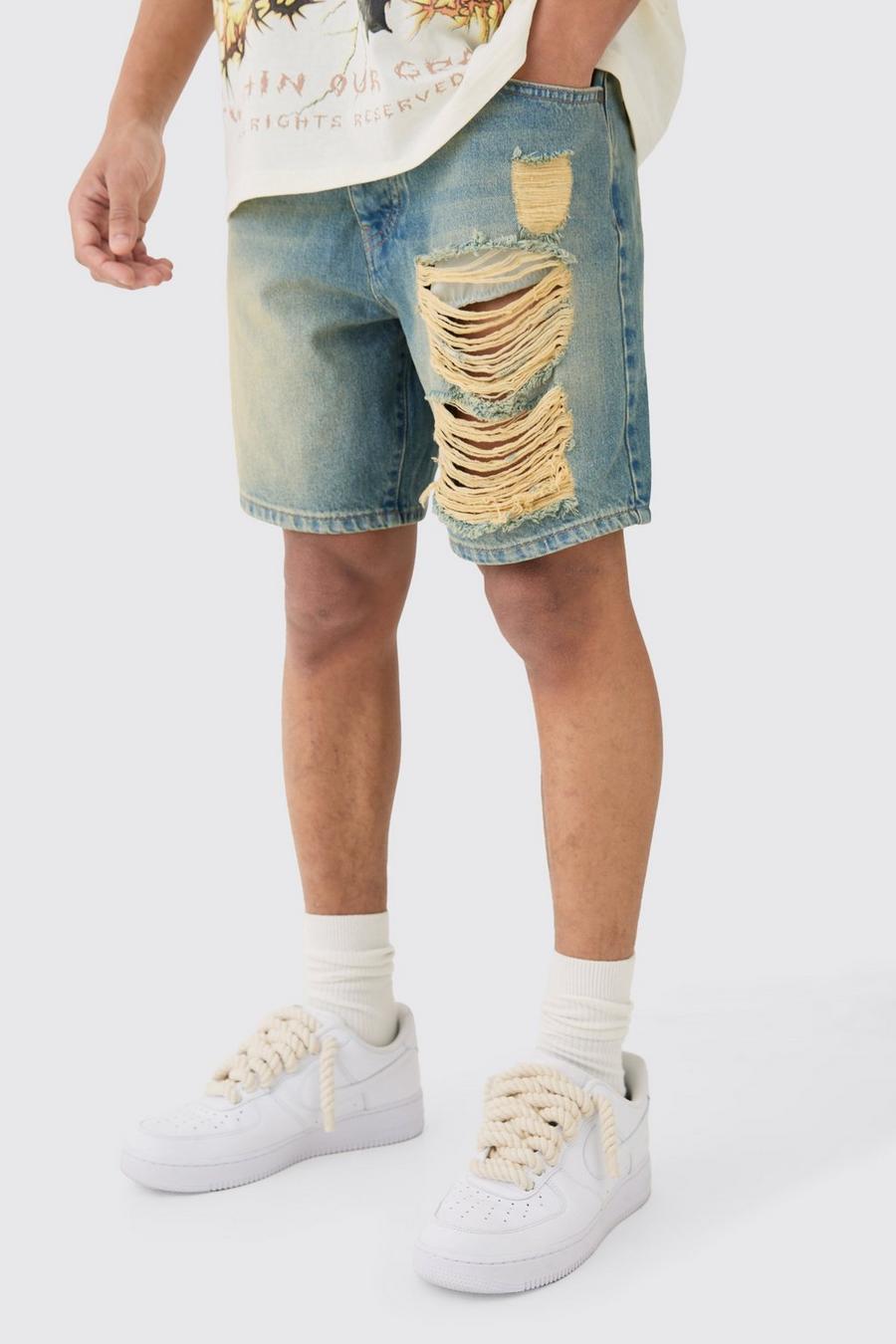 Onbewerkte Gescheurde Baggy Denim Shorts In Antique Wash