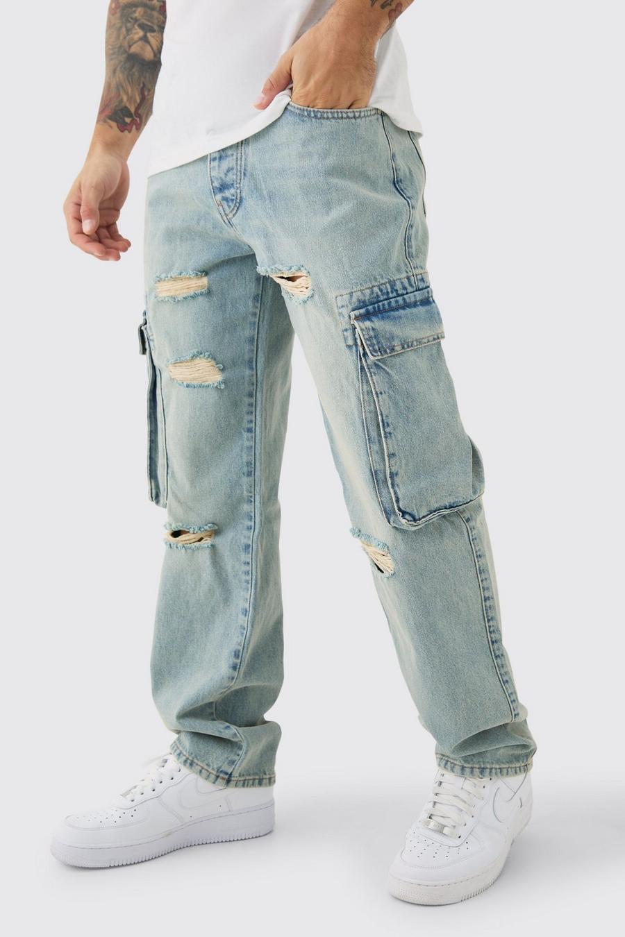 Lockere zerrissene Cargo-Jeans mit Taschen, Light blue