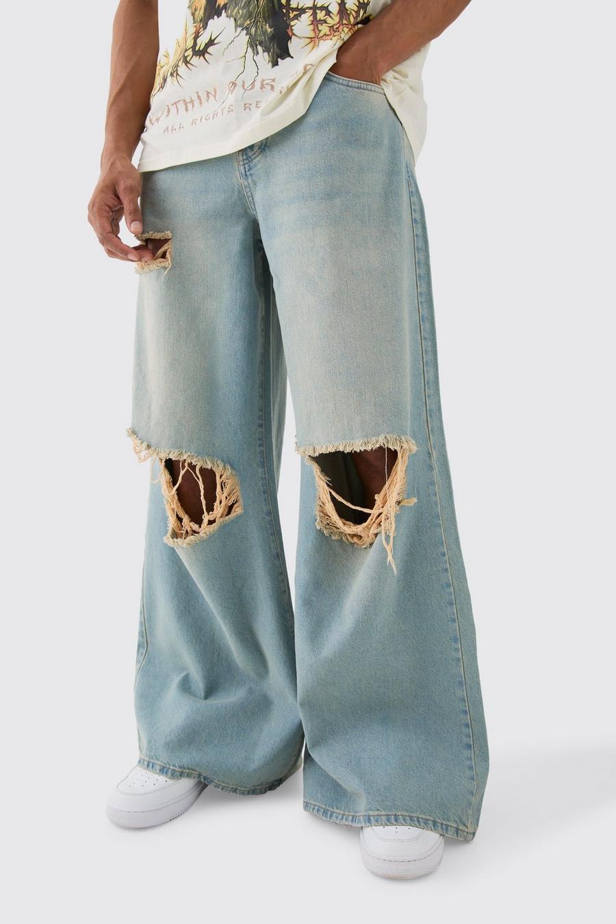 Extreme Baggy Rigid Exploded Knee Rip Denim Jean In Light Blue image number 1