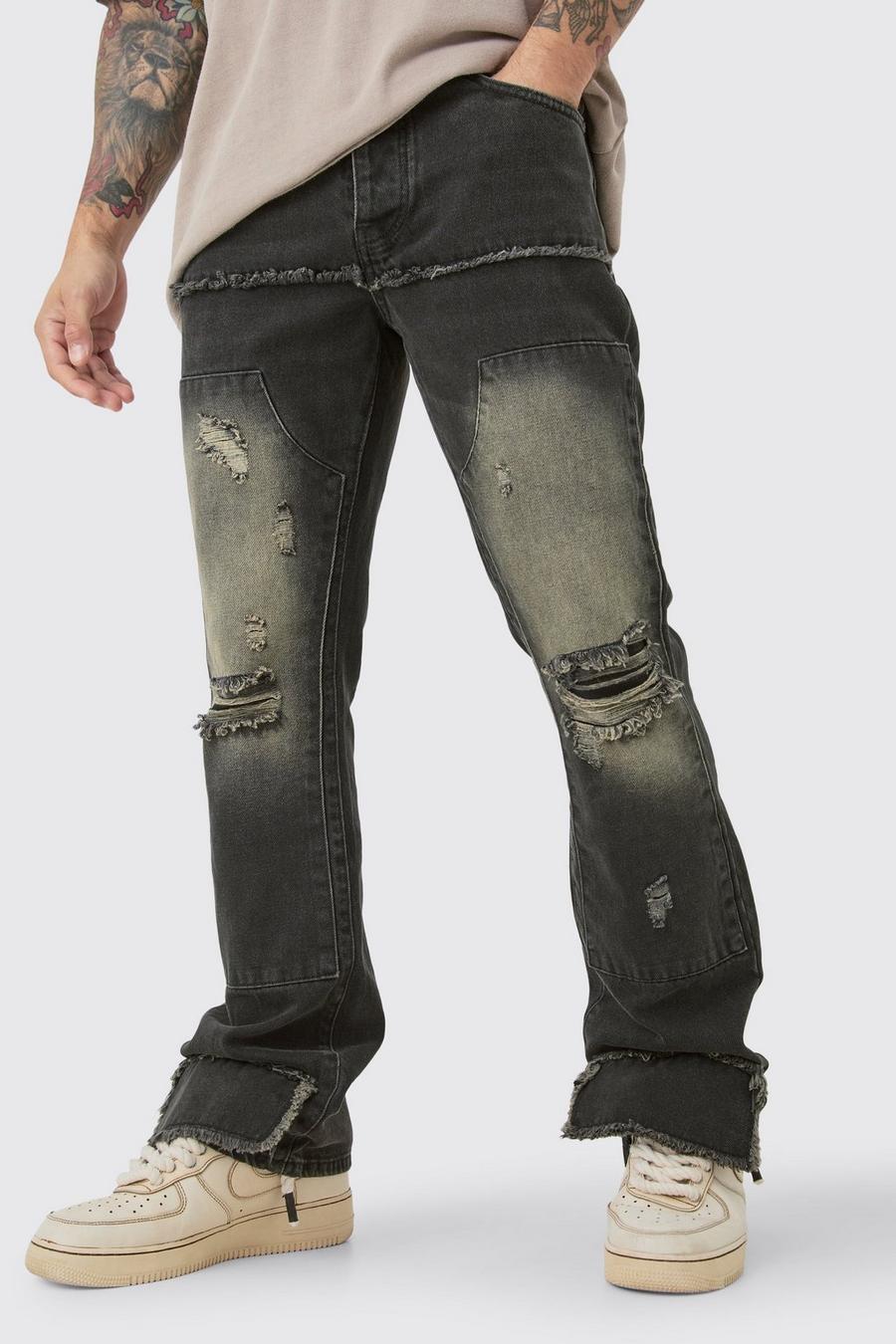 Jeans Slim Fit in denim rigido sovratinto stile Carpenter con strappi e gamba a zampa, Brown