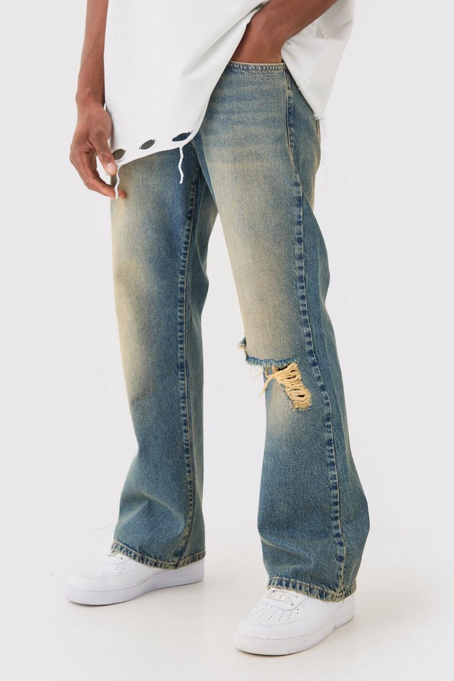 Jeans a zampa in denim rigido in tinta unita rilassati con strappi sul ginocchio, Green image number 1