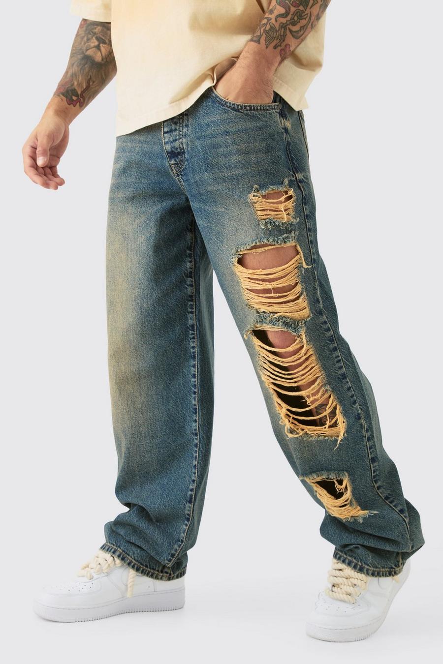 Jeans extra comodi in denim rigido con strappi in lavaggio anticato, Antique wash