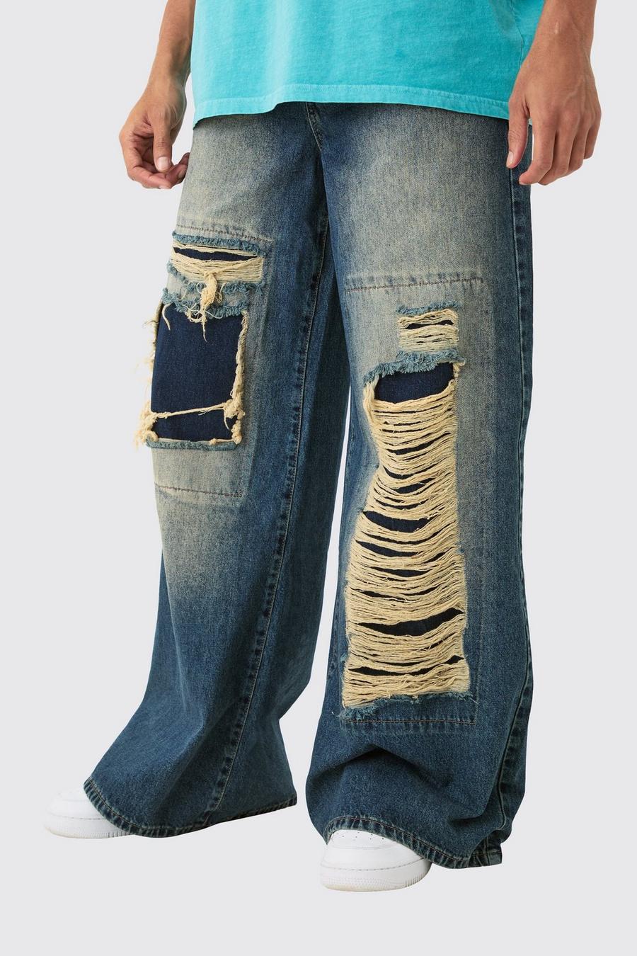 Lockere klassische Jeans mit extremen Rissen, Antique blue
