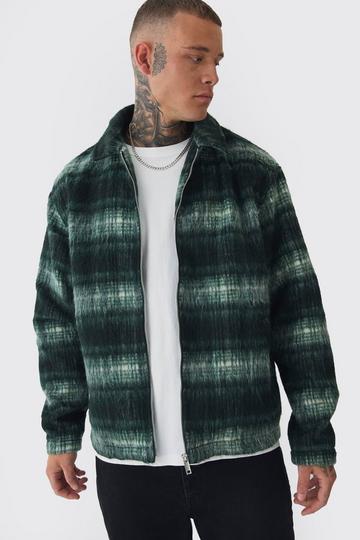 Green Tall Brushed Check Collared Harrington Jacket In Green