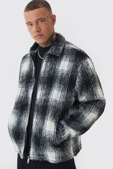 Tall Brushed Check Collared Harrington Jacket In Black black